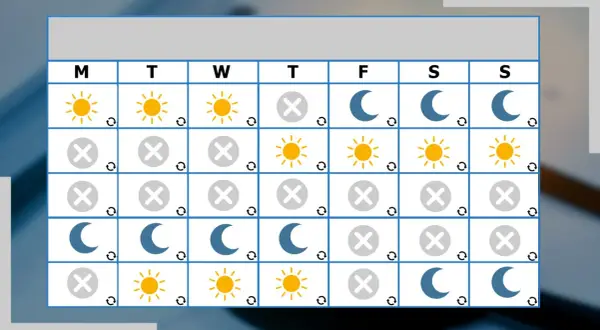 Calendario con icone di sole, luna e croce. Indica una possibile pianificazione per una pausa lavoro di 6 ore.