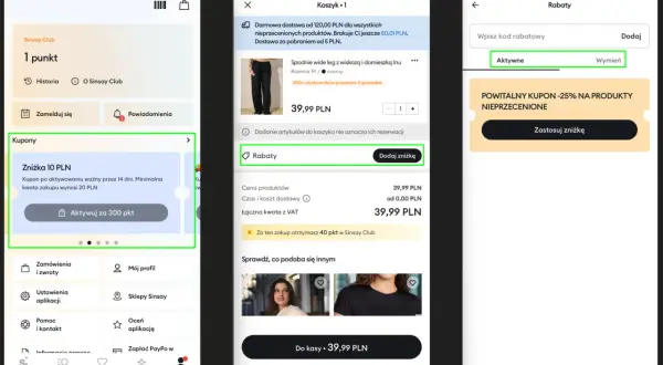 Aplikacja Sinsay: kupon 10 PLN do aktywacji, koszyk z rabatami i powitalny kupon -25%.