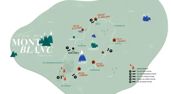 Carte du Tour du Mont Blanc, montrant les refuges, cols et villes comme Chamonix.