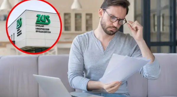 Mężczyzna analizuje dokumenty dotyczące umowy zlecenia do stażu pracy, w tle budynek ZUS.