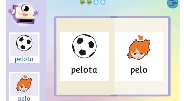 Un personaje animado enseña la **lectura global** de "pelota" y "pelo" con imágenes y texto.