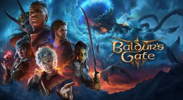 Złowieszczy smok i grupa bohaterów, w tym **Baldur's Gate 3 towarzysze**, szykują się do walki na tle burzowego nieba.