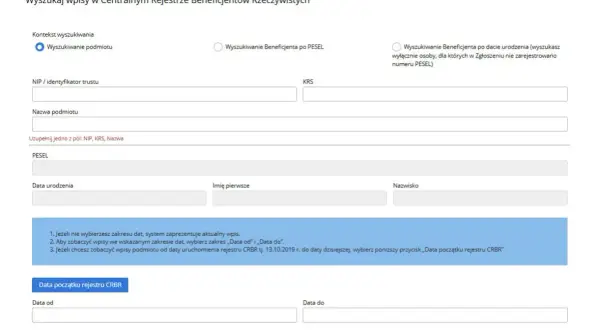 Formularz wyszukiwania beneficjenta rzeczywistego w CRBR. Można szukać po podmiocie, PESEL lub dacie urodzenia.