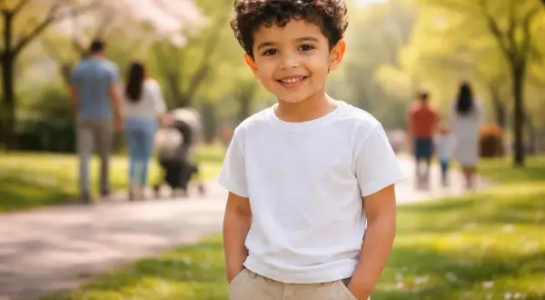 Un jeune garçon au prénom en K, souriant, profite d'une belle journée au parc.