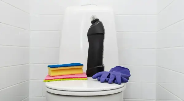 Produits de nettoyage pour les toilettes : une bouteille de produit, des éponges et des gants violets. Une astuce de grand-mère pour détartrer les wc.
