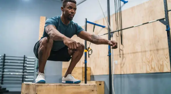Man in squat position on a wooden box, preparing for explosive workouts.
