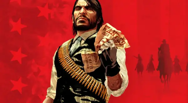 John Marston z Red Dead Redemption na PS5, z plakatami "Wanted" w ręku.