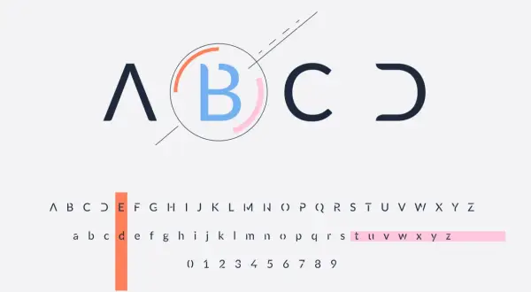 Nowe litery i cyfry w nowoczesnej typografii. Alfabet od A do Z, wielkie i małe litery, oraz cyfry.
