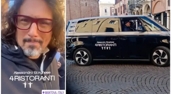 Alessandro Borghese con il furgone di 4 Ristoranti a Mantova. Il conduttore è pronto per una nuova sfida culinaria.