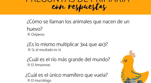 Preguntas para niños sobre animales, matemáticas y geografía. Incluye un dibujo de un pollito con huevos.