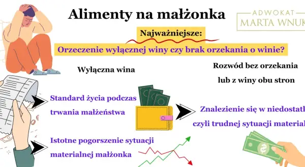 Kluczowe czynniki przy alimentach na żonę: wina, standard życia, pogorszenie sytuacji materialnej.