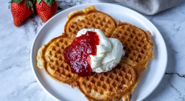 Belgiska våfflor med vispad grädde och jordgubbssylt, serverade med färska jordgubbar. En perfekt fika!