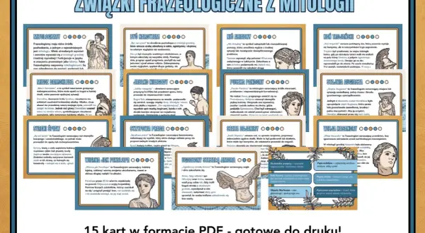 Grafika z tytułem "Związki frazeologiczne z mitologii" i ilustracjami postaci z mitologii greckiej.