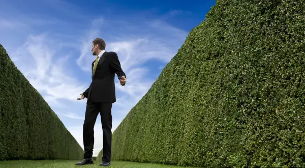 Mann im Anzug steht vor einer Hecke, die wie ein Labyrinth wirkt. Er wirkt ratlos, als ob er eine christliche Sekten Liste sucht.
