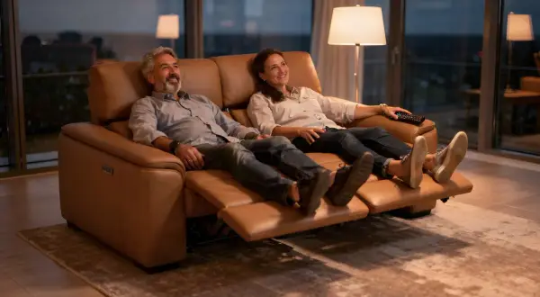 Ein Paar entspannt sich auf einer ledernen, ergonomischen Couch. Die Füße sind hochgelegt, die Gesichter lächeln.