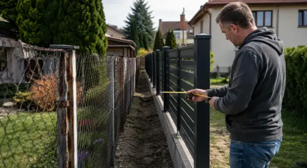 Mężczyzna mierzy nowy, ciemny płot, który stoi tuż obok starego, zardzewiałego. Czy można postawić płot przy płocie?