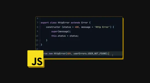 Fragment kodu w języku JavaScript, definiujący klasę HttpError i rzucający nowy błąd 404.