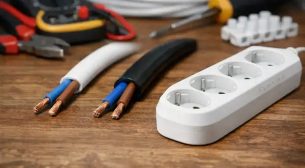 Dwa przewody, biały i czarny, odsłaniające miedziane żyły. Obok biały przedłużacz z trzema gniazdami. W tle narzędzia elektryczne.
