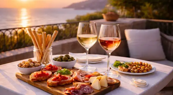 Un aperitivo al tramonto con due calici di vino, stuzzichini, salumi, formaggi e olive. Perfetti pinot grigio abbinamenti per godersi la vista.