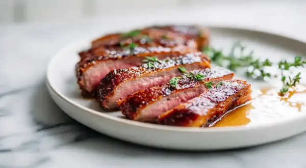 Tranches de filet de canette juteux, nappées d'une sauce brillante et garnies de thym frais, sur une assiette blanche.
