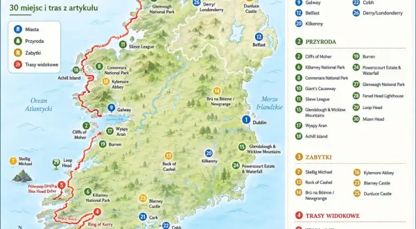 Mapa atrakcji Irlandii: zobacz Dublin, Galway, Killarney NP, Ring of Kerry, Cliffs of Moher i inne miejsca.