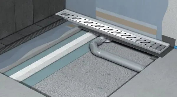 Przekrój instalacji prysznicowej bez brodzika. Widoczny system odpływowy i warstwy podłogi.