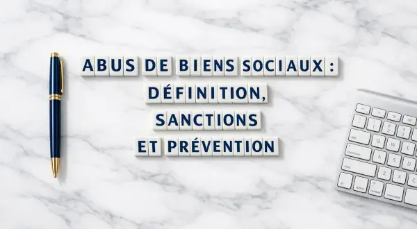 Lettres sur un fond marbre : "Abus de biens sociaux : définition, sanctions et prévention". Stylo et clavier à proximité.