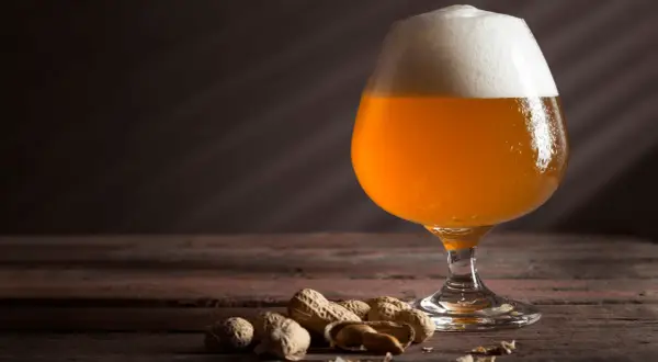 Un bicchiere di keller beer dorata con schiuma bianca, accompagnata da arachidi su un tavolo di legno scuro.