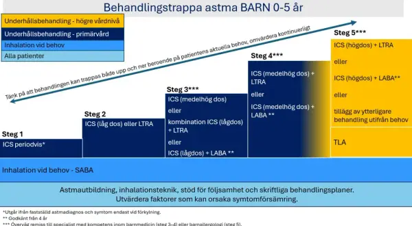 Schema för astmabehandling barn 0-5 år. Visar stegvis behandling, från ICS vid behov till högre doser och kombinationer, för att hantera långvarig hosta på natten barn.