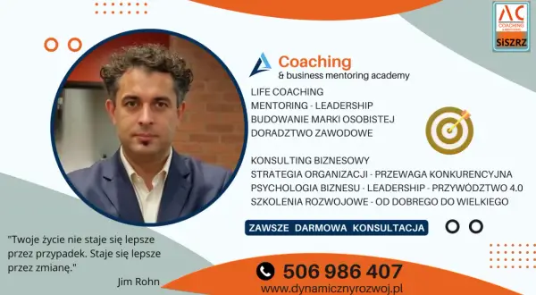 Portret mężczyzny w garniturze, logo "Coaching & business mentoring academy", cel z strzałką, cytat i dane kontaktowe.
