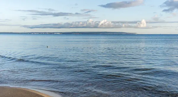 Sanfter Wellengang am Strand, im Hintergrund die Küstenlinie mit Häusern und Industrieanlagen, die an die Ostseeinseln erinnert. Ein einzelner Vogel schwimmt im ruhigen Wasser.