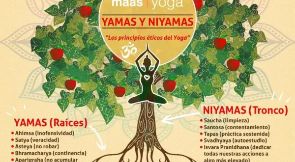 Árbol de la vida del yoga: las raíces son los Yamas (principios éticos) y el tronco los Niyamas.