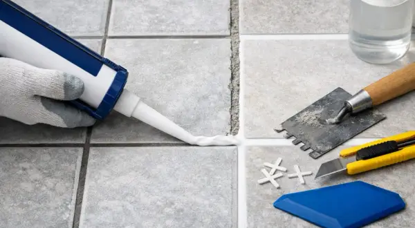 Application d'un joint carrelage silicone ou ciment avec un pistolet. Outils de pose à proximité.