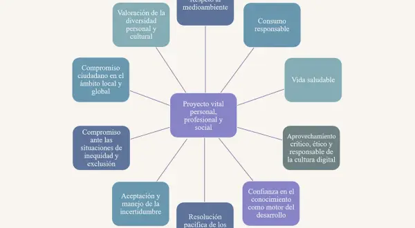 Diagrama que ilustra el perfil de salida LOMCE: Proyecto vital personal, profesional y social, con competencias como respeto al medioambiente, vida saludable y compromiso ciudadano.