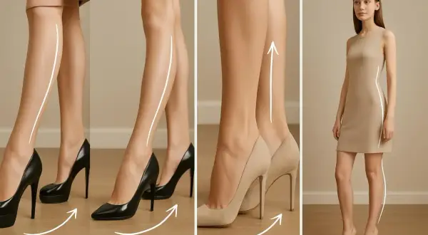 Eleganckie damskie buty na szerokich obcasach podkreślają linię nóg. Modelka w beżowej sukience prezentuje efekt.