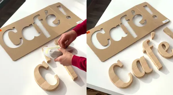 Un gabarit lettre en carton pour "café !" et des lettres en bois prêtes à être assemblées.