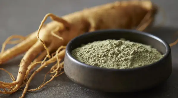 Radice di ginseng essiccata e polvere finissima in una ciotola, per capire ginseng come è fatto.