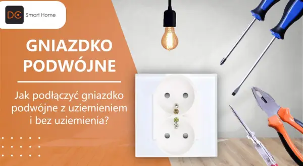 Schemat podłączenia gniazdka podwójnego z uziemieniem i bez. Narzędzia do elektryki i białe gniazdko.