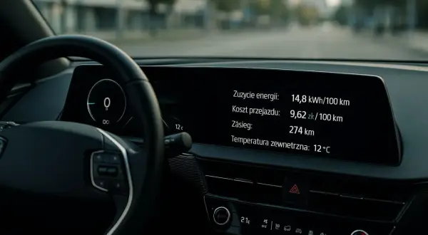 Wskaźnik pokazuje zużycie energii 14,8 kWh na 100 km, koszt przejazdu 9,62 zł/100 km i zasięg 274 km. Temperatura zewnętrzna to 12°C.