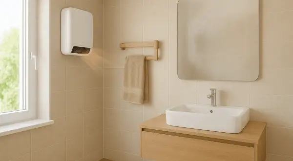 Un appareil blanc diffuse de la chaleur pour chauffer la salle de bain. Une serviette est suspendue à un porte-serviettes en bois.