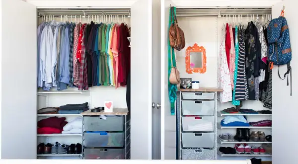 A well-organized closet with hanging clothes, folded items, shoes, and mesh drawers, showcasing a functional diy closet organizer.