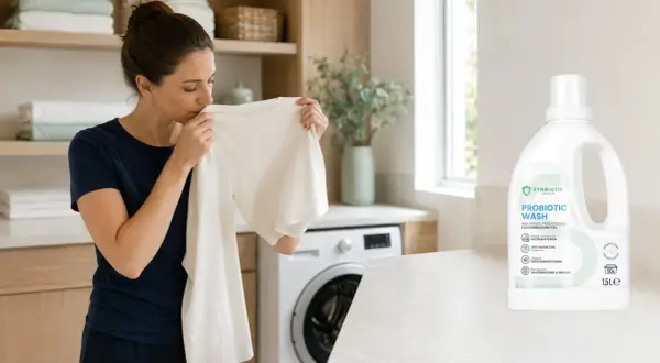 Frau riecht an einem T-Shirt, um hartnäckigen Schweißgeruch aus Kleidern zu entfernen. Daneben steht eine Flasche Synbiotic Wash.