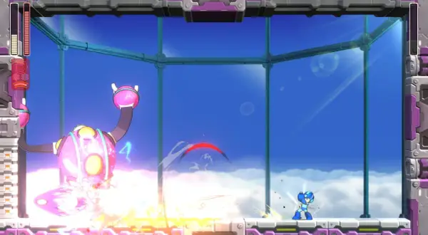 Megaman walczy z różowym robotem w przestworzach.