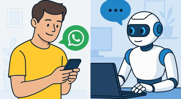 Mężczyzna z telefonem i zielonym dymkiem WhatsApp obok robota przy laptopie. Dowiedz się, jak wyłączyć tryb AI w telefonie.