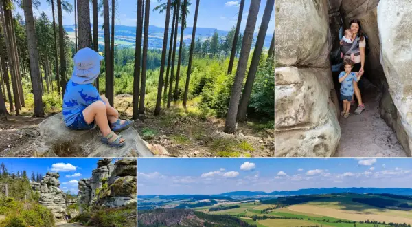 Dziecko siedzi na pniu w lesie, rodzina z dziećmi w skalnej szczelinie, ścieżka wśród skalnych formacji, krajobraz z polami i lasem. W oddali widać skalny ostaniec.