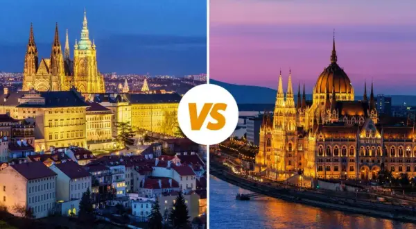 Comparaison entre Prague et Budapest : vues nocturnes de leurs édifices emblématiques illuminés, le château de Prague et le Parlement hongrois.