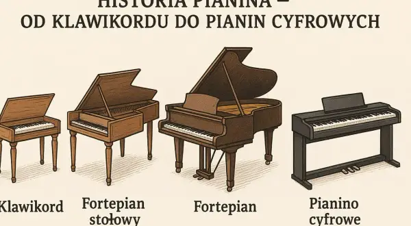 Ewolucja instrumentów klawiszowych: od klawikordu, przez fortepian stołowy i fortepian, po pianino cyfrowe. Różnice widać w budowie i rozmiarze.