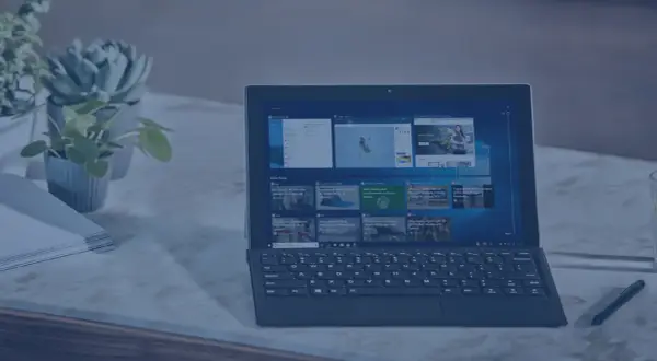 Nowoczesny laptop z klawiaturą i ekranem dotykowym, obok rośliny i stosu papierów. Idealny do pracy, gdy środek trwały od jakiej kwoty jest potrzebny.