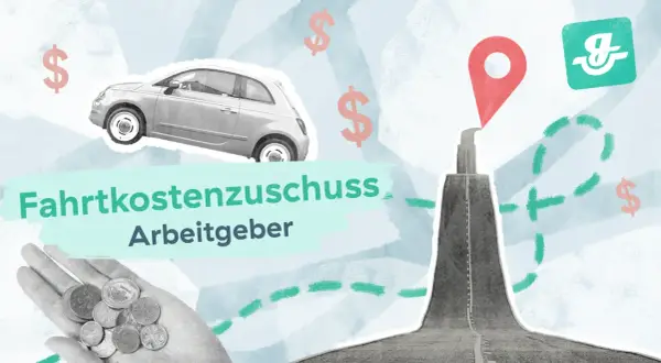 Fahrtkostenzuschuss vom Arbeitgeber: Ein Auto, Münzen in der Hand und eine rote Zielmarkierung symbolisieren steuerfreie Erstattung für Pendler.