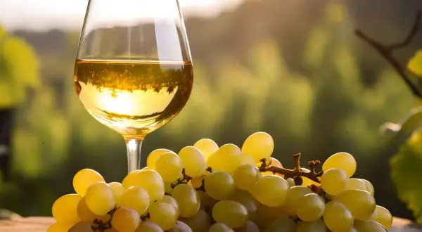 Calice di vino bianco e grappoli d'uva dorata su un tavolo di legno. Le caratteristiche del vino Lugana si riflettono nel colore ambrato e nella freschezza.